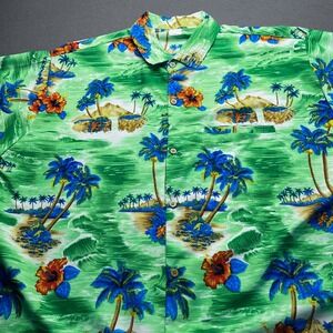 Rina Hawaiian Shirt Men XL Green Tropical Palm Tree Island Beach Aloha Button Up
